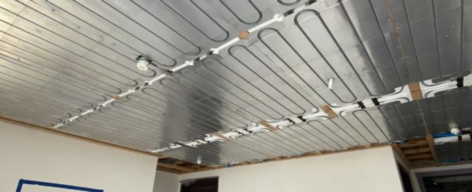 Finished radiant ceiling with 90% ceiling coverage. Ray Magic® radiant ceiling panels installed by Doke's Plumbing.