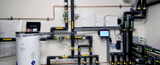 Pebble beach mechanical room using mControls to manage a complex hydronic system.