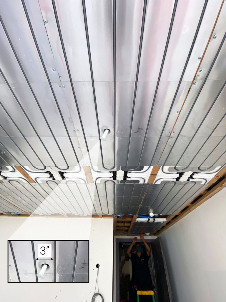 A graphic showing that a cut-out up to 3 inches in size can be put in our Ray Magic® radiant ceiling panels.
